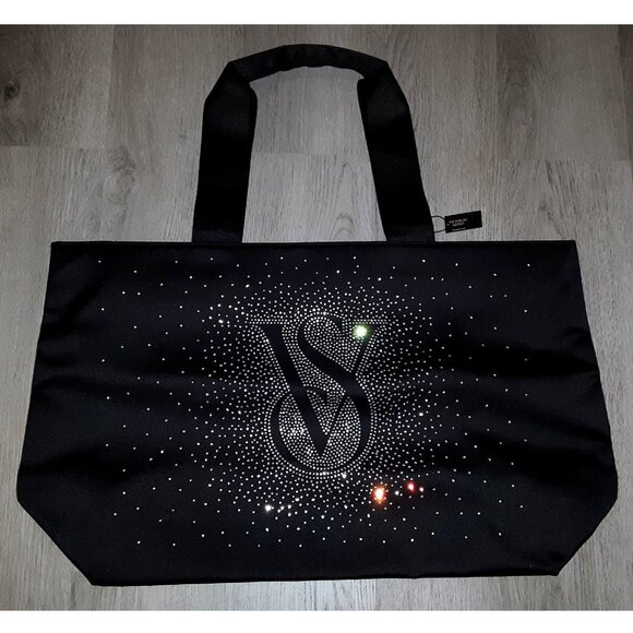 Victoria's Secret Rhinestone Bling Black Extra Large Tote Bag Travel Weekender - Picture 1 of 8